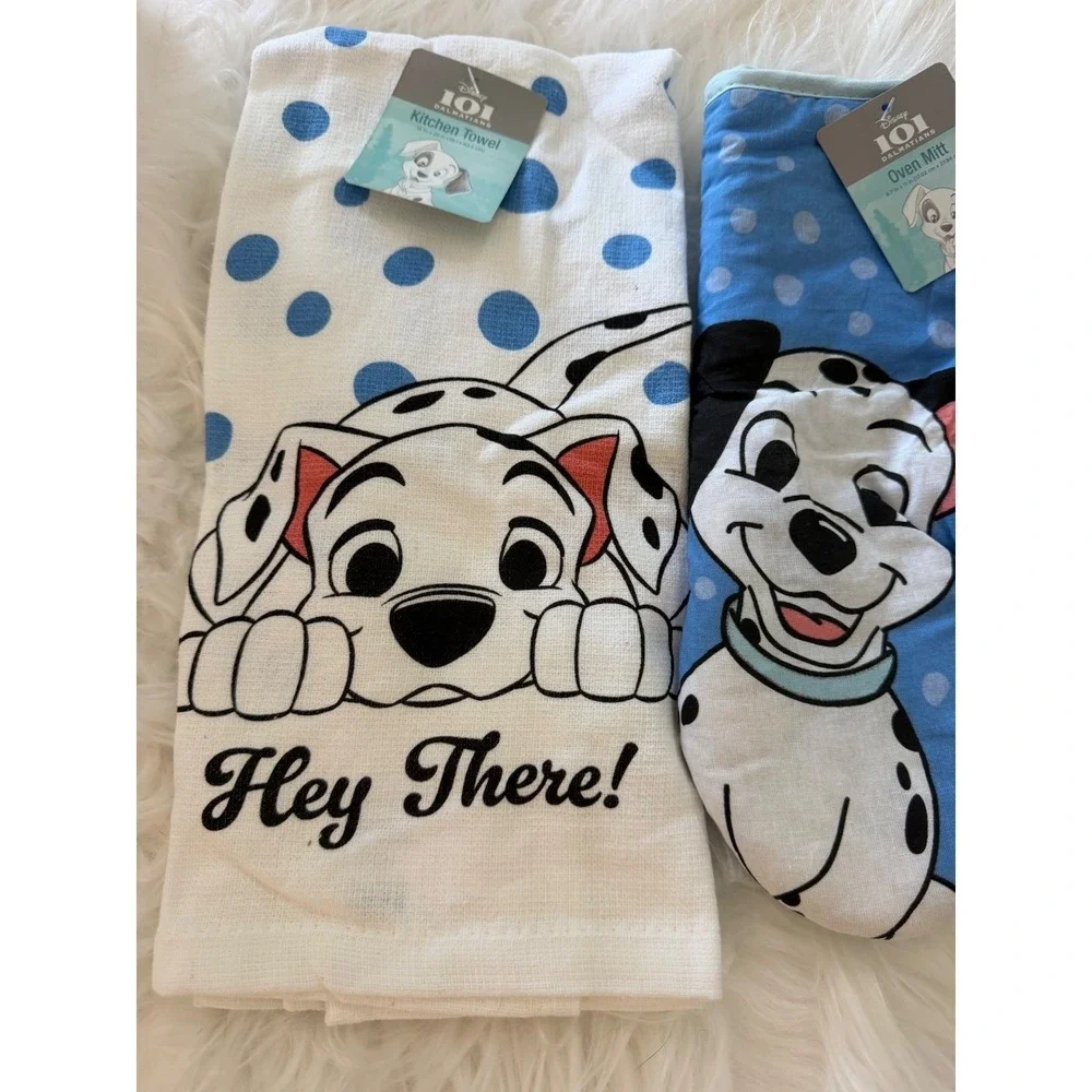 Disney 101 Dalmatians 3pc Kitchen Set Towel Oven Mitt Pot Holder Blue Polka Dot